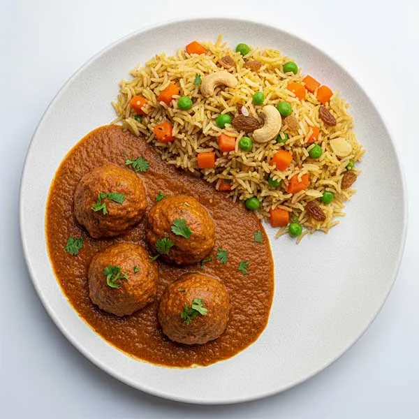 Dry fruit filled Kofta Curry with carrot & green peas Pulao